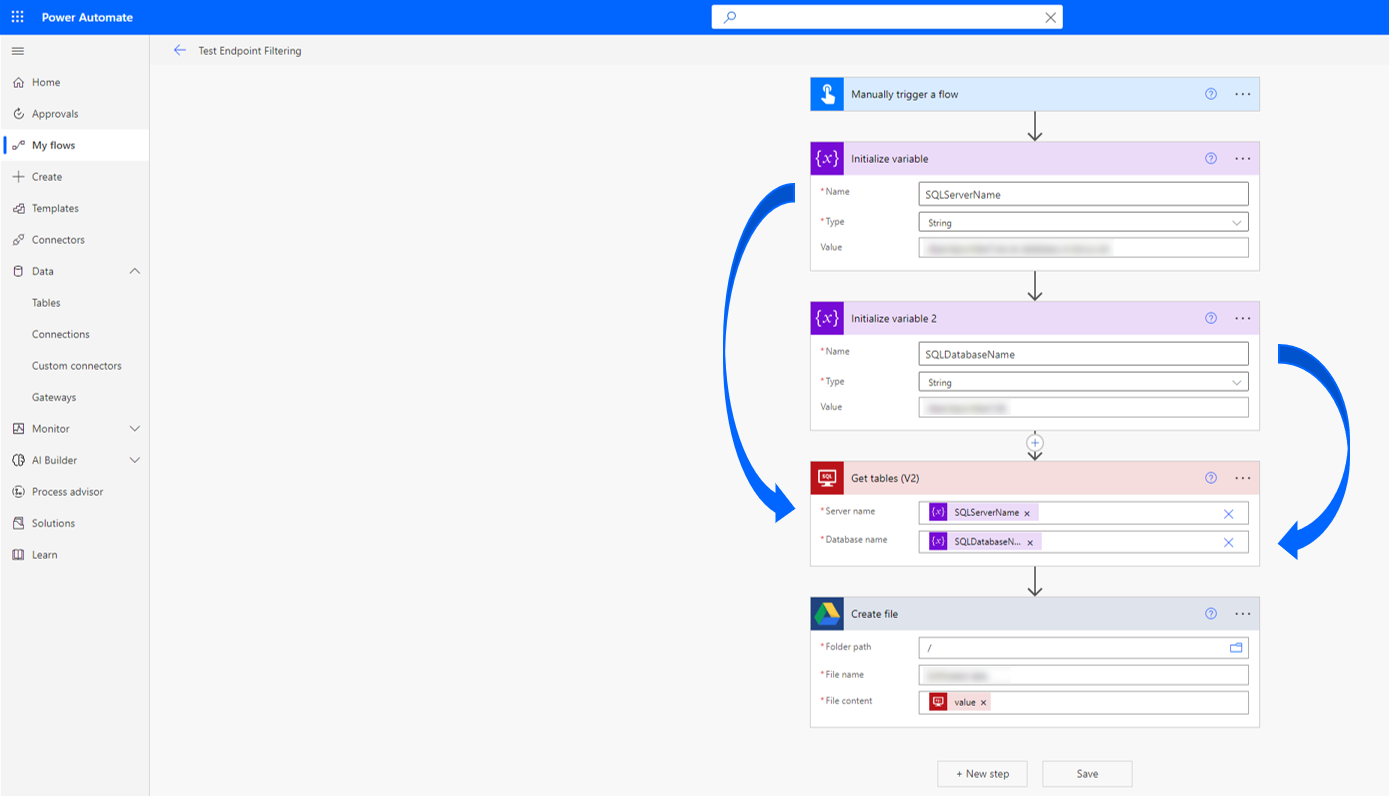 Screenshot eines Cloudflusses, der Variablen zum Herstellen einer Verbindung mit SQL verwendet.
