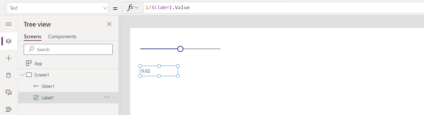 „Label“- und „Slider“-Steuerelement sind durch die Formel „Label1.Text = 1/Slider1.Value“ verbunden.