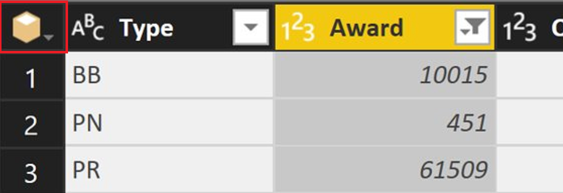 Screenshot der linken Seite der aktuellen Ansicht in Power Query, wobei das Cube-Symbol oben in der Zeilennummerspalte hervorgehoben wird.