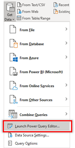 Starten Sie den Power Query-Editor in Excel aus der Dropdownliste 