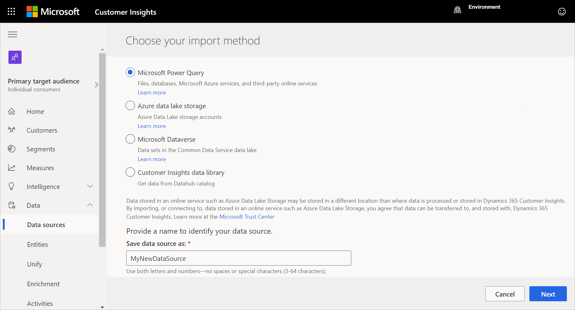 Screenshot: geöffnetes Fenster „Importmethode auswählen“ mit ausgewählter Microsoft Power Query und festgelegter Option „MyNewDataSource“ für „Datenquelle speichern unter“.