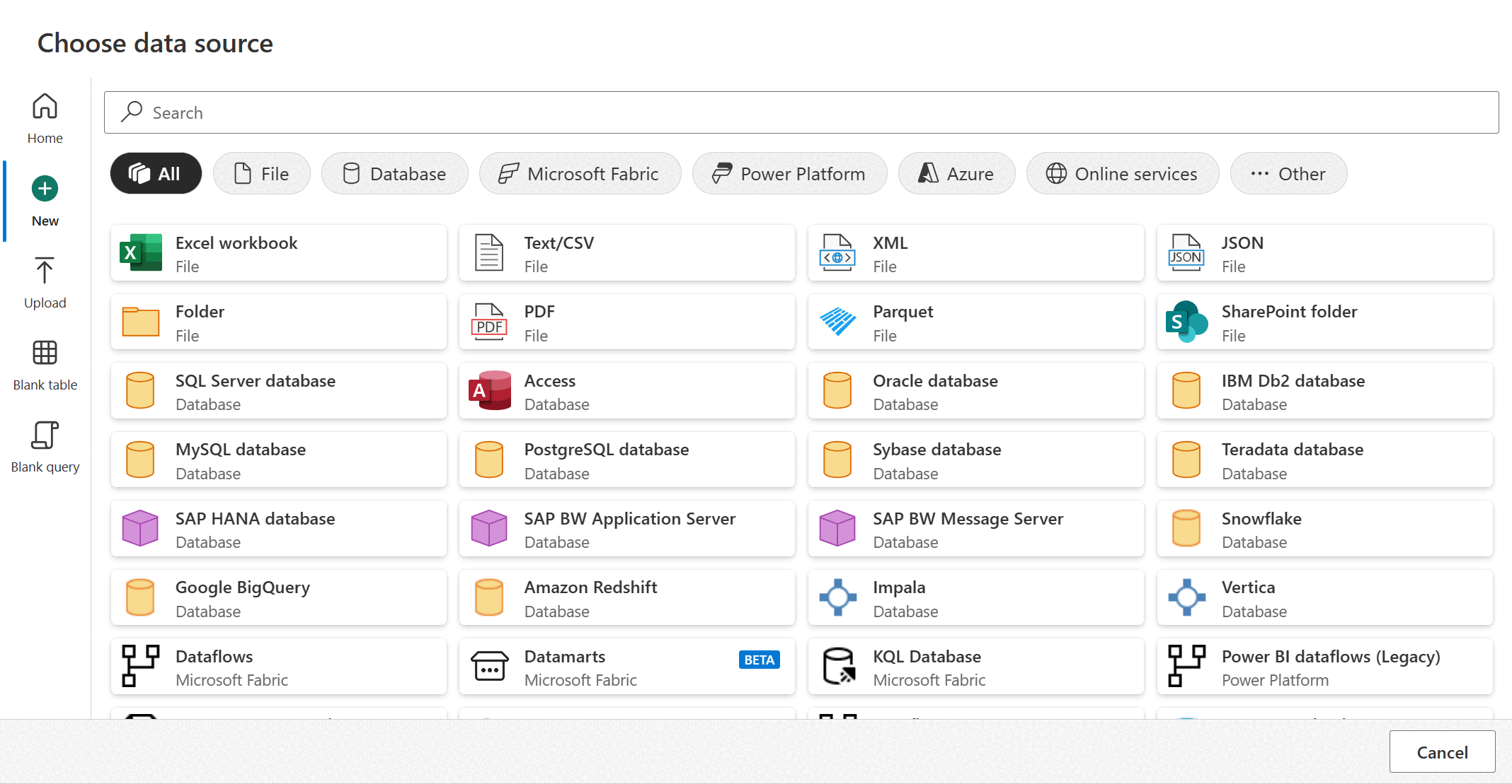 Screenshot: angezeigte Customer Insights-Seite „Datenquelle auswählen“ nach Auswahl von „Mehr anzeigen“ mit der Liste der Connectors.