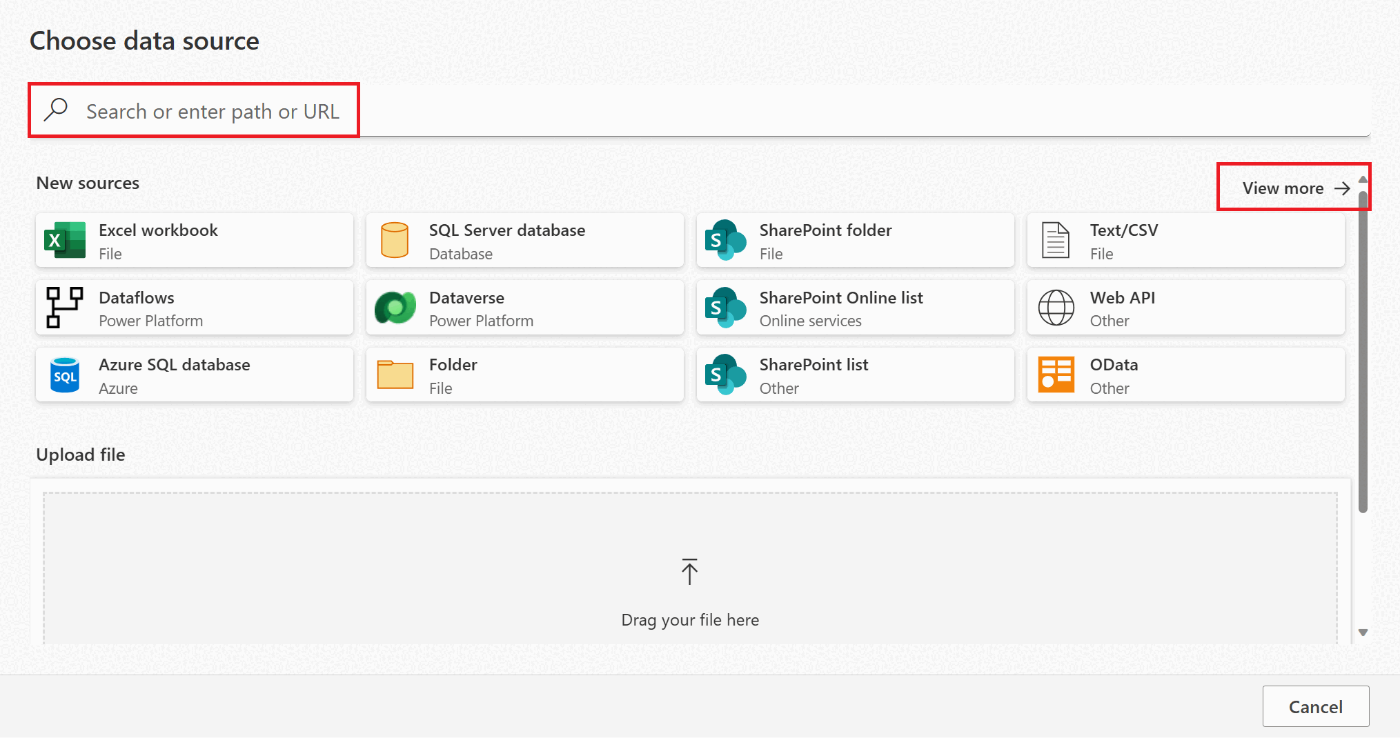 Screenshot: Power Apps-Seite „Datenquelle auswählen“ mit dem Suchfeld und der hervorgehobenen Option „Mehr anzeigen“.
