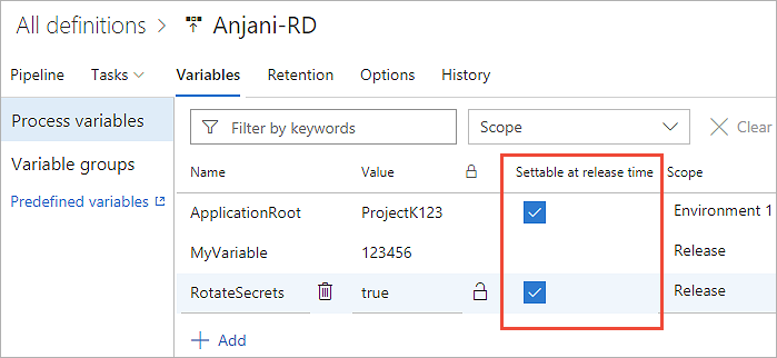 Specifying variables to be edited when a release is created and queued