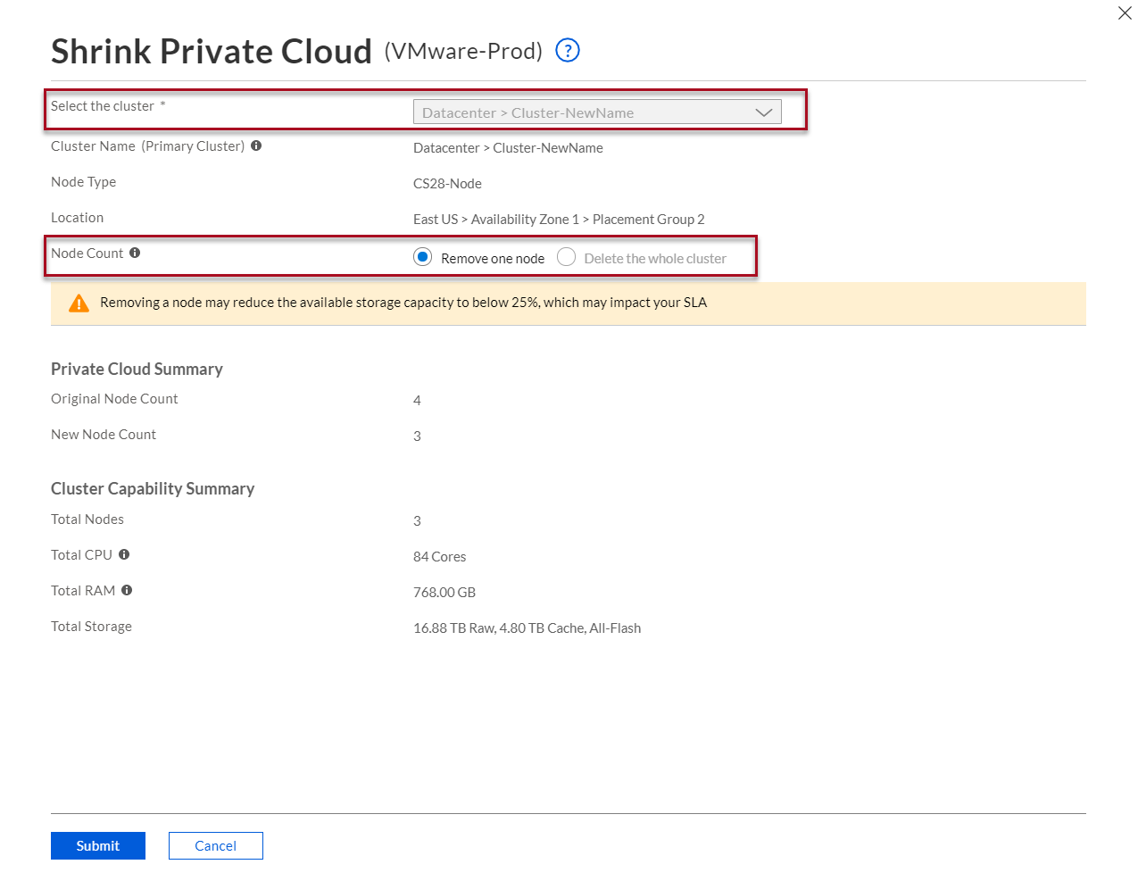 Private Cloud verkleinern – Cluster auswählen