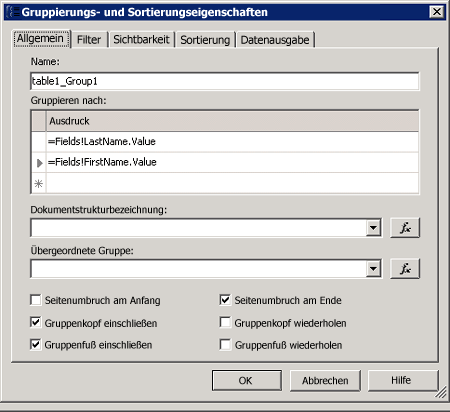 Allgemein (Registerkarte), Gruppierungs- und Sortierungseigenschaften (Seite)