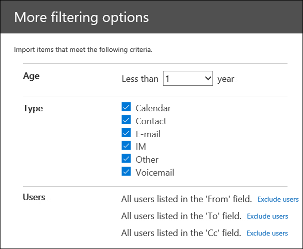 Konfigurieren Sie die Filter auf der Seite Weitere Optionen, um die importierten Daten zu kürzen.