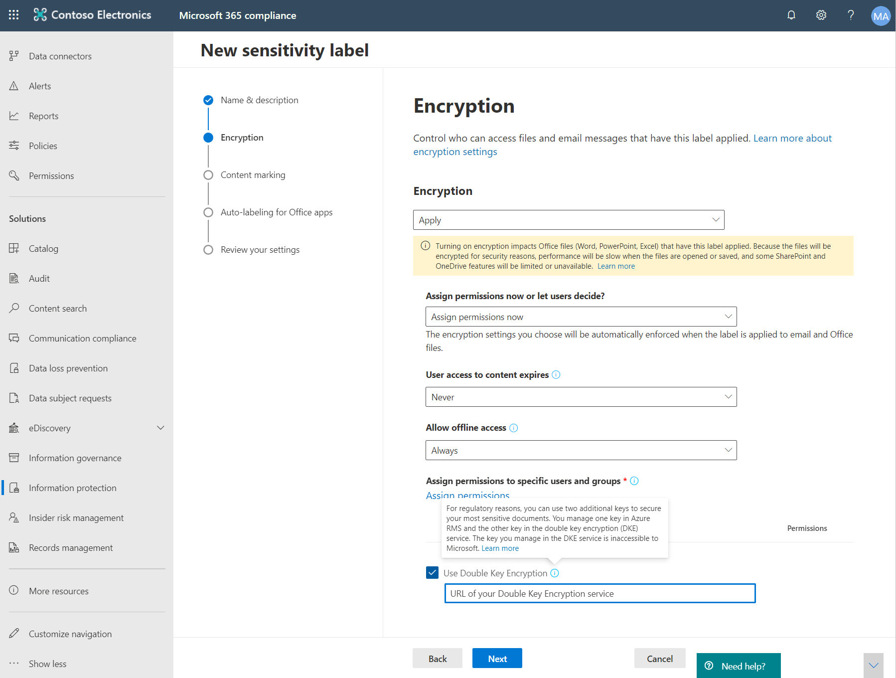 Wählen Sie im Microsoft Purview-Portal die Option Use Double Key Encryption (Verschlüsselung mit doppeltem Schlüssel verwenden) aus.