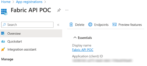 Screenshot einer App in Azure nach der Registrierung.