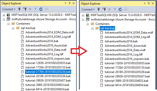 Zwei Screenshots des SQL Server Management Studio-Speicherbrowsers mit Azure-Containern und dem Löschen des Transaktionsprotokollsicherungs-Blob.