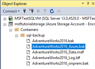 Screenshot von Objekt-Explorer in SSMS mit der Momentaufnahmesicherung in Azure.