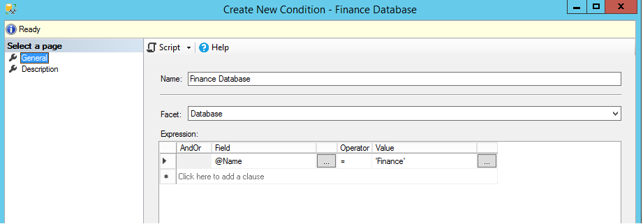 Erstellen der neuen Bedingung „finance database“