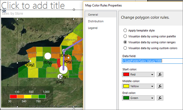 Screenshot: Bereich „Change polygon color rules“ (Regeln für Polygonfarben ändern) im Dialogfeld „Farbregeleigenschaften der Karte“.