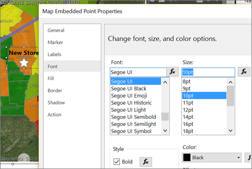 Screenshot: Bereich „Change font, size, and color options“ (Schriftart, Schriftgröße und Farboptionen) im Dialogfeld „Eigenschaften für eingebettete Punkte der Karte“.