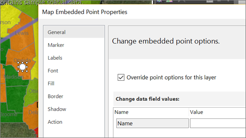 Screenshot: Bereich „Change embedded point options“ (Optionen für eingebettete Punkte ändern) im Dialogfeld „Eigenschaften für eingebettete Punkte der Karte“.