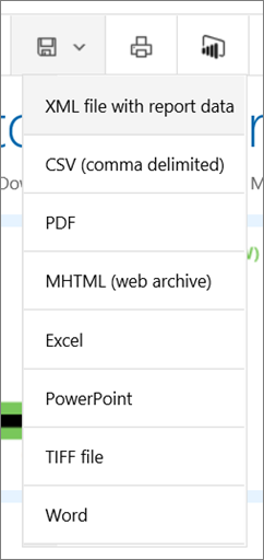 Screenshot des Reporting Services-Webportals mit der Liste „Exportieren“.