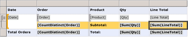 Designansicht, Hinzufügen von Ergebniszeilen zu Gruppe und Tabelle