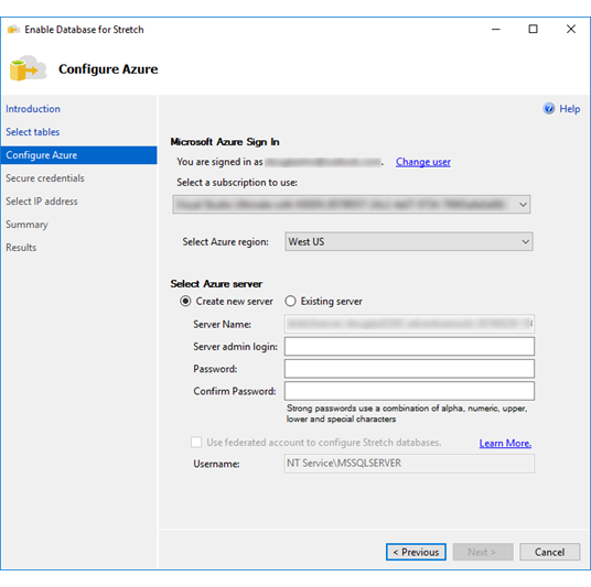 Screenshot der Seite zum Erstellen eines neuen Azure-Servers – Stretch Database-Assistent.