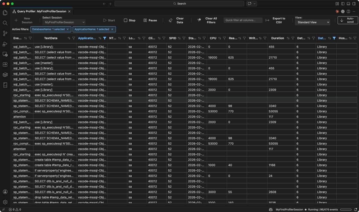 Screenshot der aktiven Filterchips mit angewendeten DatabaseName- und ApplicationName-Filtern.