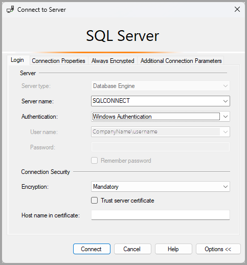 Screenshot des klassischen Verbindungsdialogfelds für SQL Server.