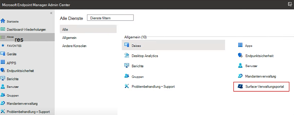 Screenshot: Surface-Verwaltungsportal auf der Startseite des Intune Admin Centers