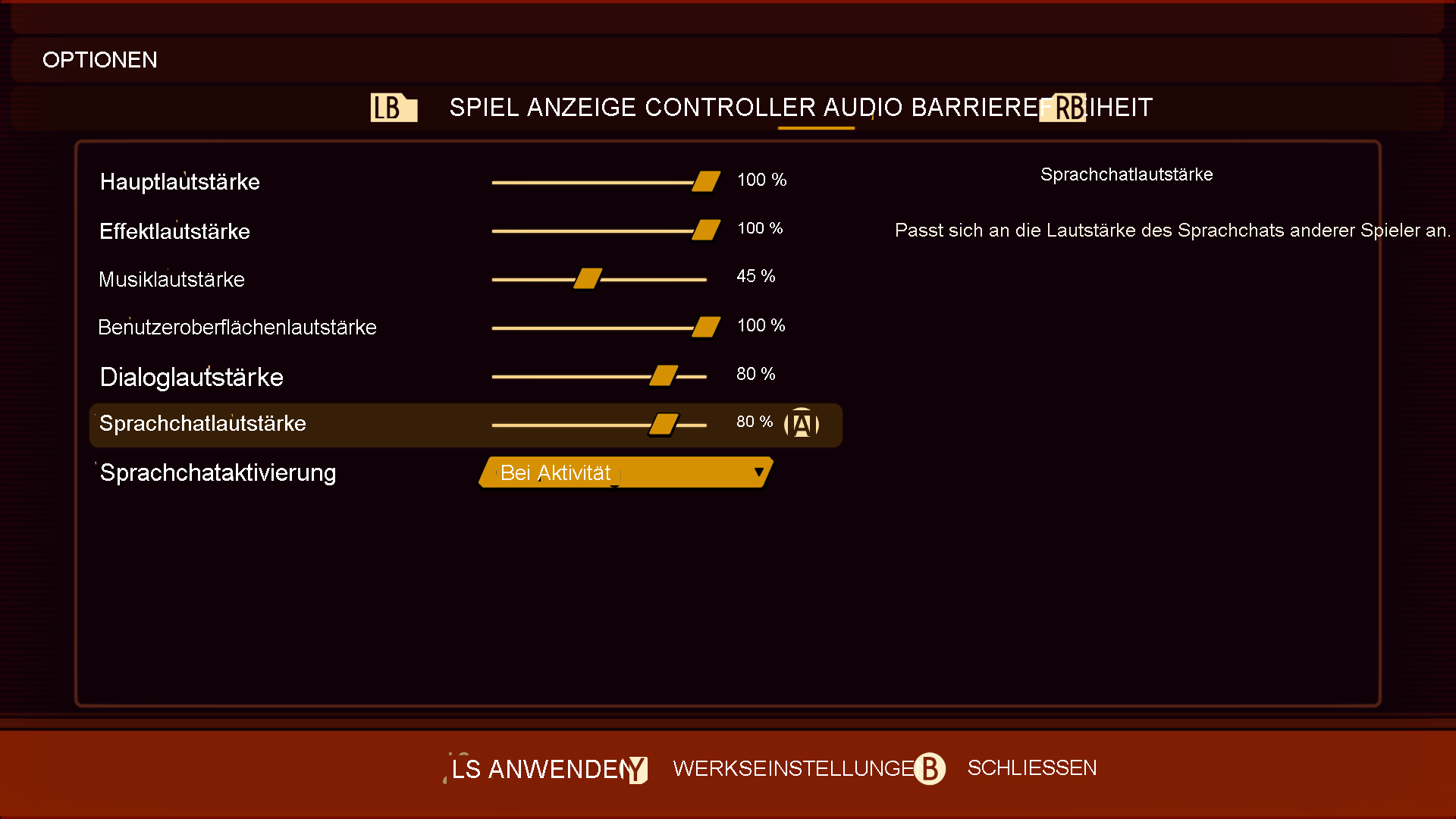 Screenshot that shows the Audio options menu in Grounded. Players use sliders to control the master, effects, music, UI, dialogue, and voice chat volume.