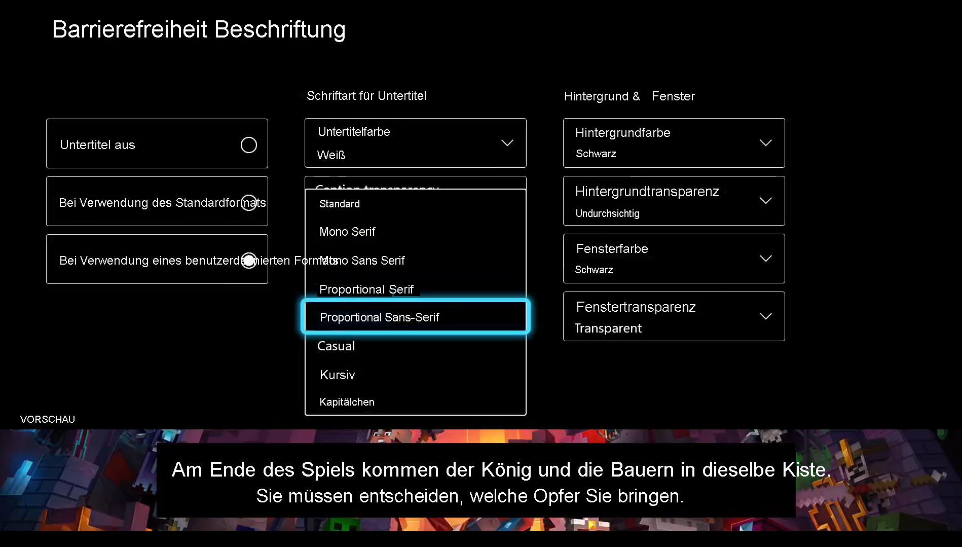 Screenshot that shows the accessibility captioning settings. The Caption style menu is expanded to reveal different style options.