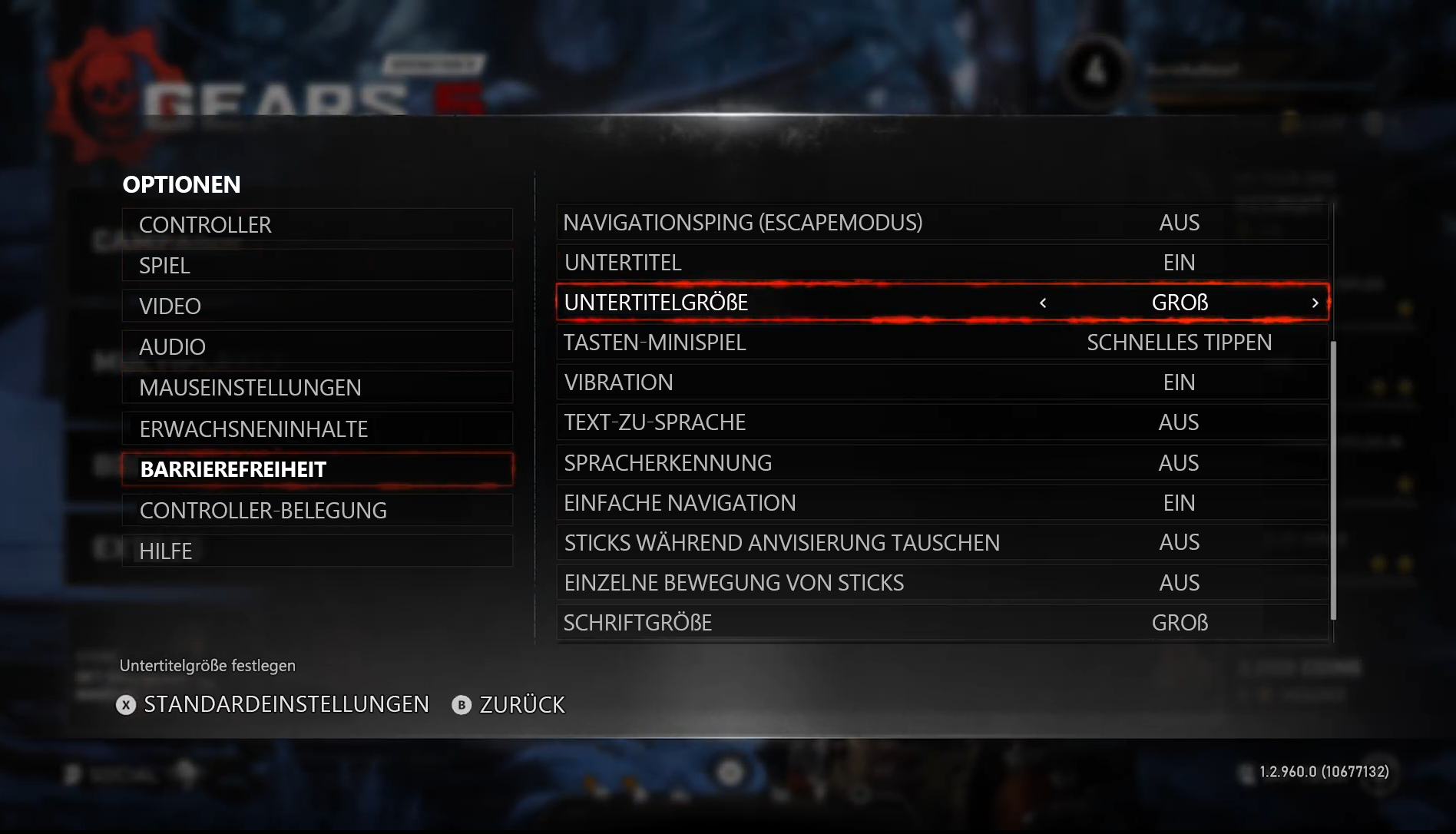 Screenshot that shows the options screen from Gears 5. Subtitle Size is highlighted and is set to Large.