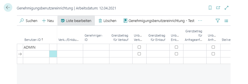 Screenshot der Seite „Genehmigungsbenutzereinrichtung“
