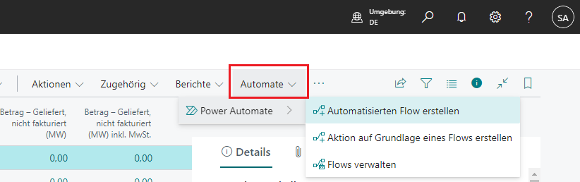 Screenshot des Menüs Aktion automatisieren
