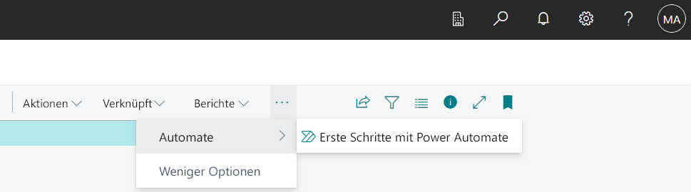 Screenshot des ersten Aktionsmenü „Automatisieren“ unter „Weitere Optionen“