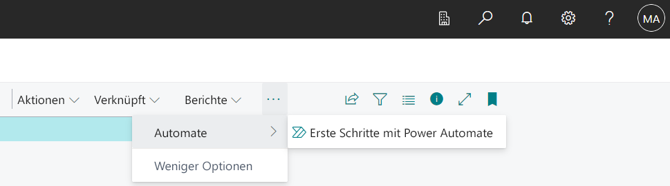 Screenshot des ersten Menüs „Automatisieren“ unter „Weitere Optionen“