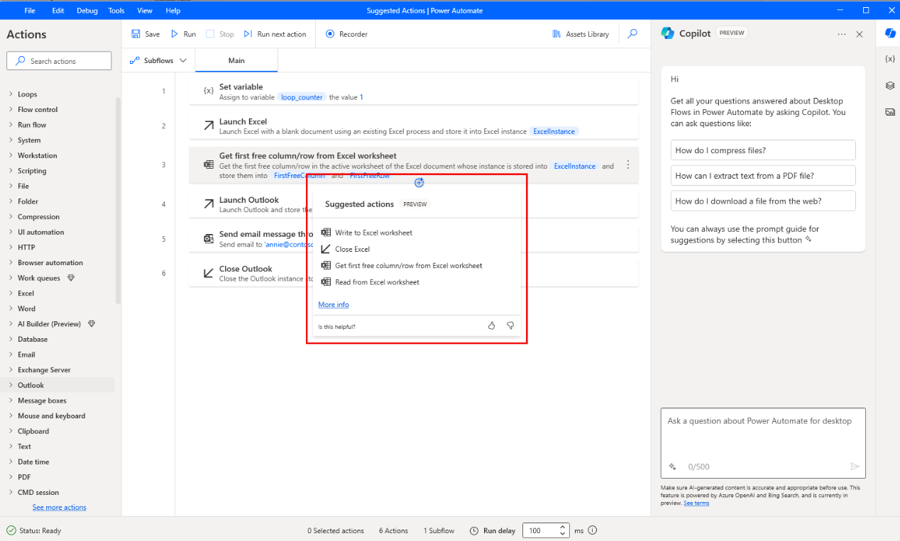 Screenshot von Power Automate-Desktop mit einem roten Rechteck um den Abschnitt „Vorgeschlagene Aktionen“