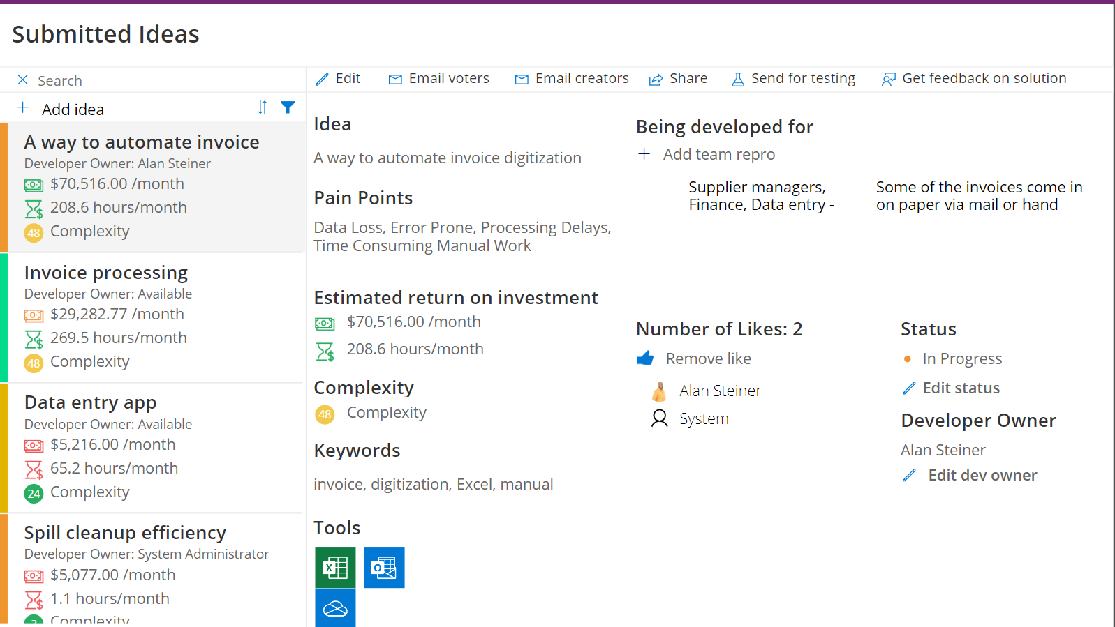 Screenshot der Canvas-App „Innovations-Backlog“