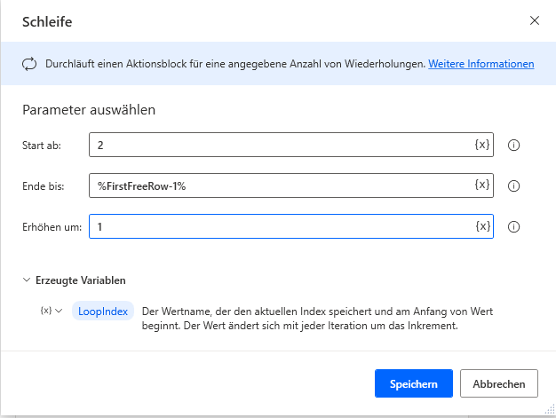 Screenshot der Eigenschaften der Aktion „Schleife“