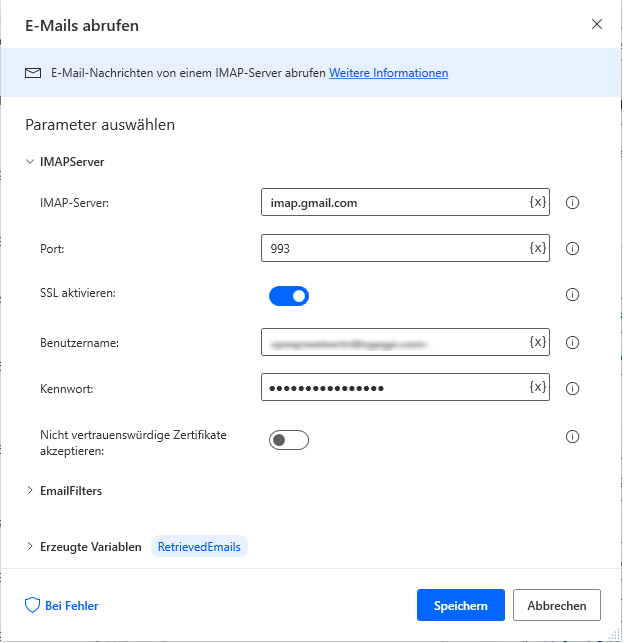 Screenshot des Dialogfelds mit Aktionseigenschaften „E-Mails abrufen“