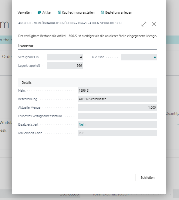 Screenshot der aktuellen Bestandsinformationen von „Details anzeigen“