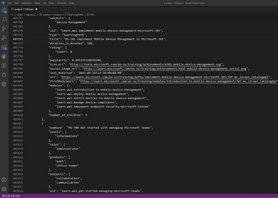 Screenshot der Ausgabe der Learn Catalog API in Visual Studio Code.