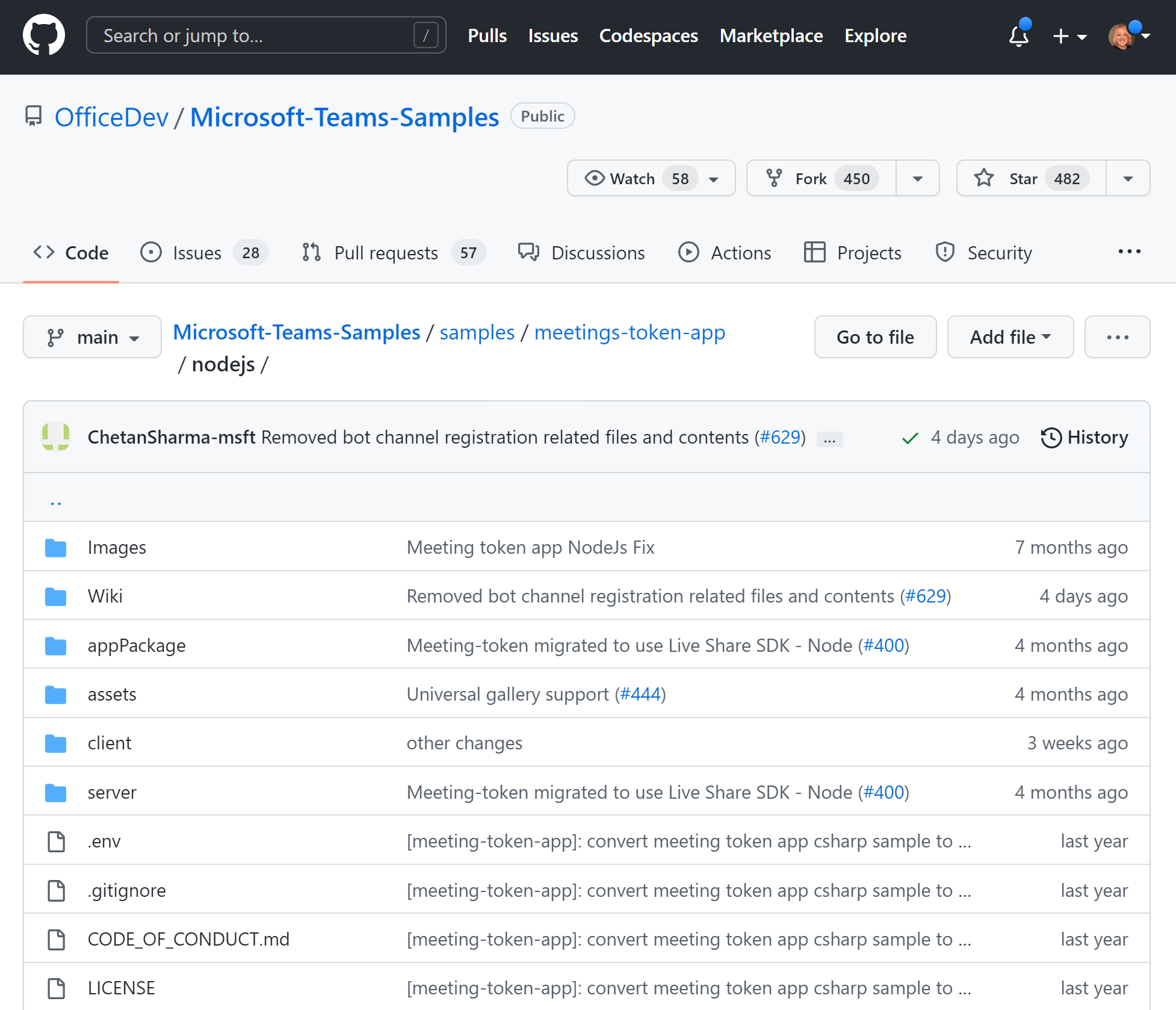 Screenshot des GitHub-Code-Repositorys für Besprechungstokenanwendung für Teams