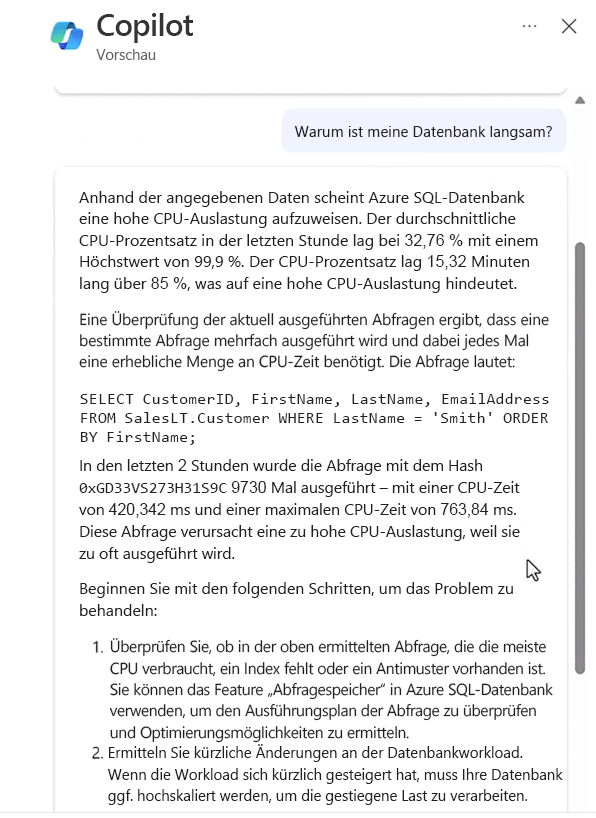 Screenshot von Copilot für Azure SQL-Datenbank.