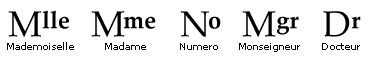 Screenshot that shows the abbreviations for the French words mademoiselle, madame, numero, monseigneur, and docteur.