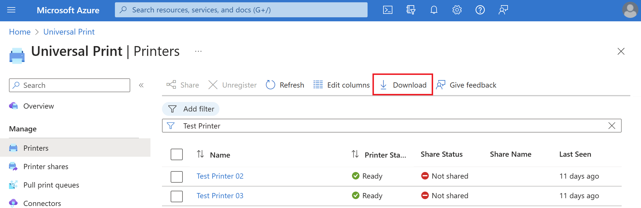 Screenshot der CSV-Downloadschaltfläche im Azure-Portal
