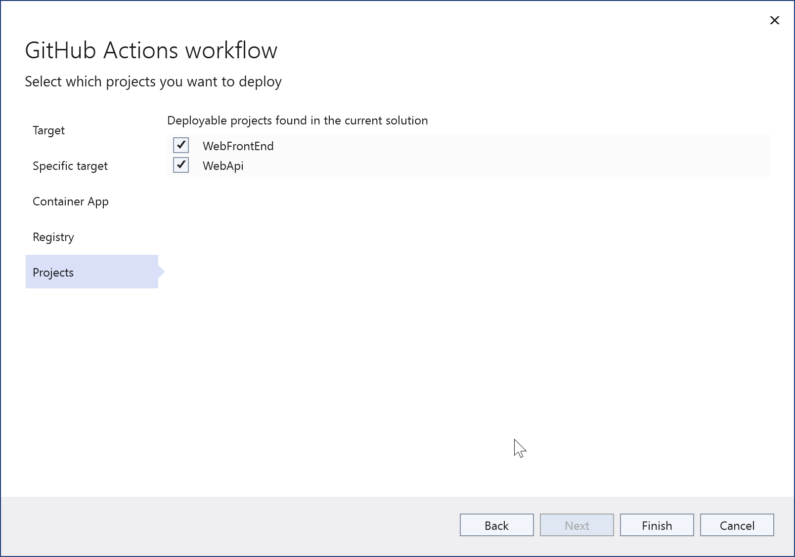 Screenshot mit der Auswahl der bereitzustellenden Projekte.