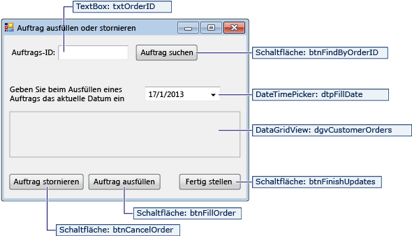 Screenshot der Details des FillOrCancel-Formulars.