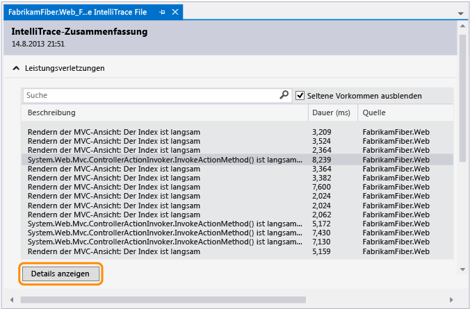 Anzeigen von Leistungsereignisdetails
