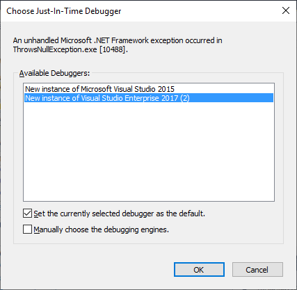 Screenshot des Dialogfelds „Just-in-Time-Debugger auswählen“, das angezeigt wird, nachdem die Ausnahme im Konsolenfenster von „ThrowsNullException.exe“ angezeigt wurde