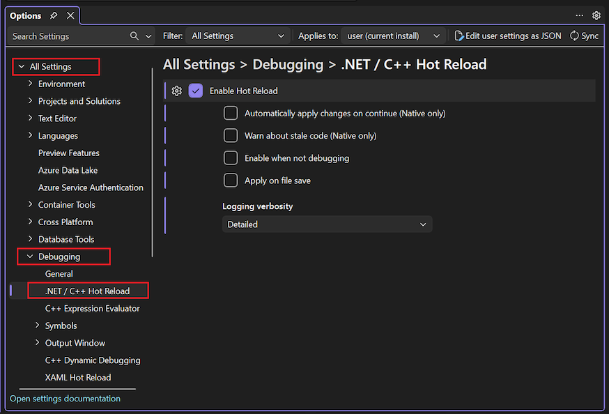 Screenshot der Einstellungen für .NET C++ Hot Reload in Visual Studio.