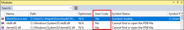 Screenshot: Benutzercode im Fenster „Module“