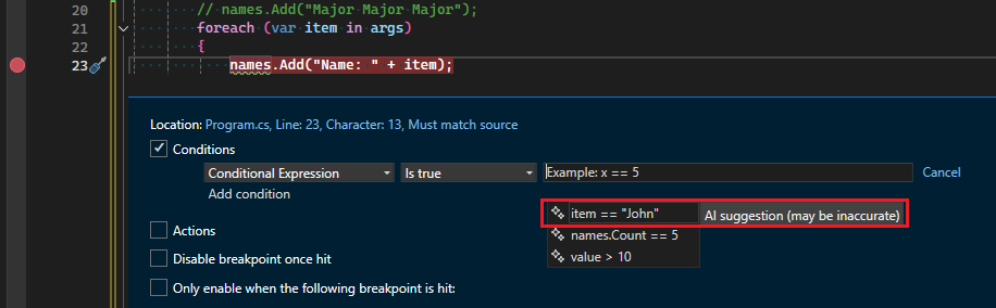 Screenshot des Copilot-Vorschlags für einen bedingten Breakpoint.