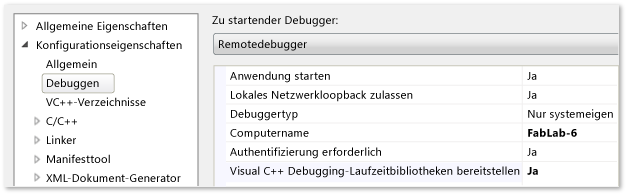 Projekteigenschaften für C++-Debugging C++-Projekteigenschaften für das Remotedebuggen